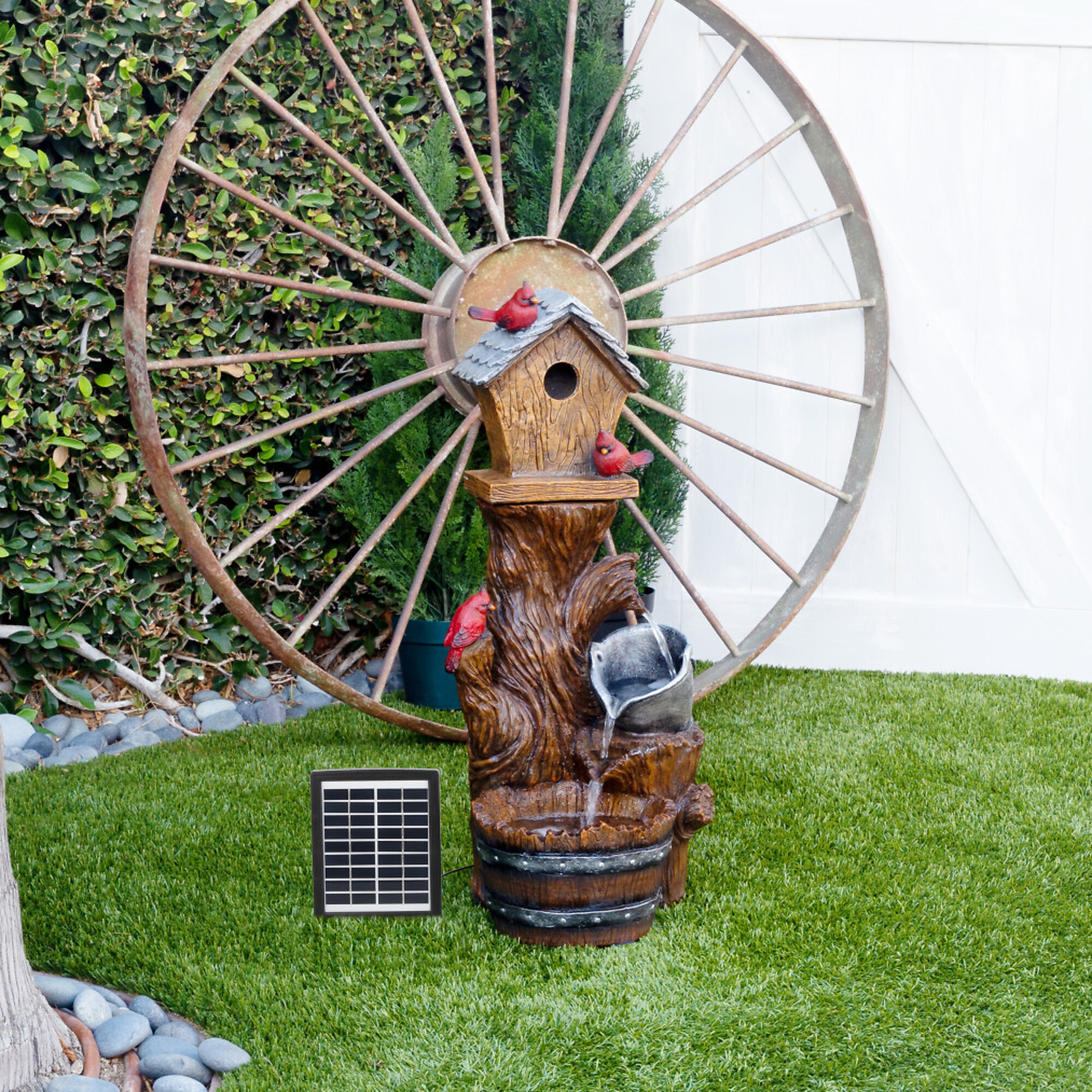 Alpine Corporation, Solar Cardinal Birdhouse Cascading Barrel Fountain, Model# ZEN882SLR